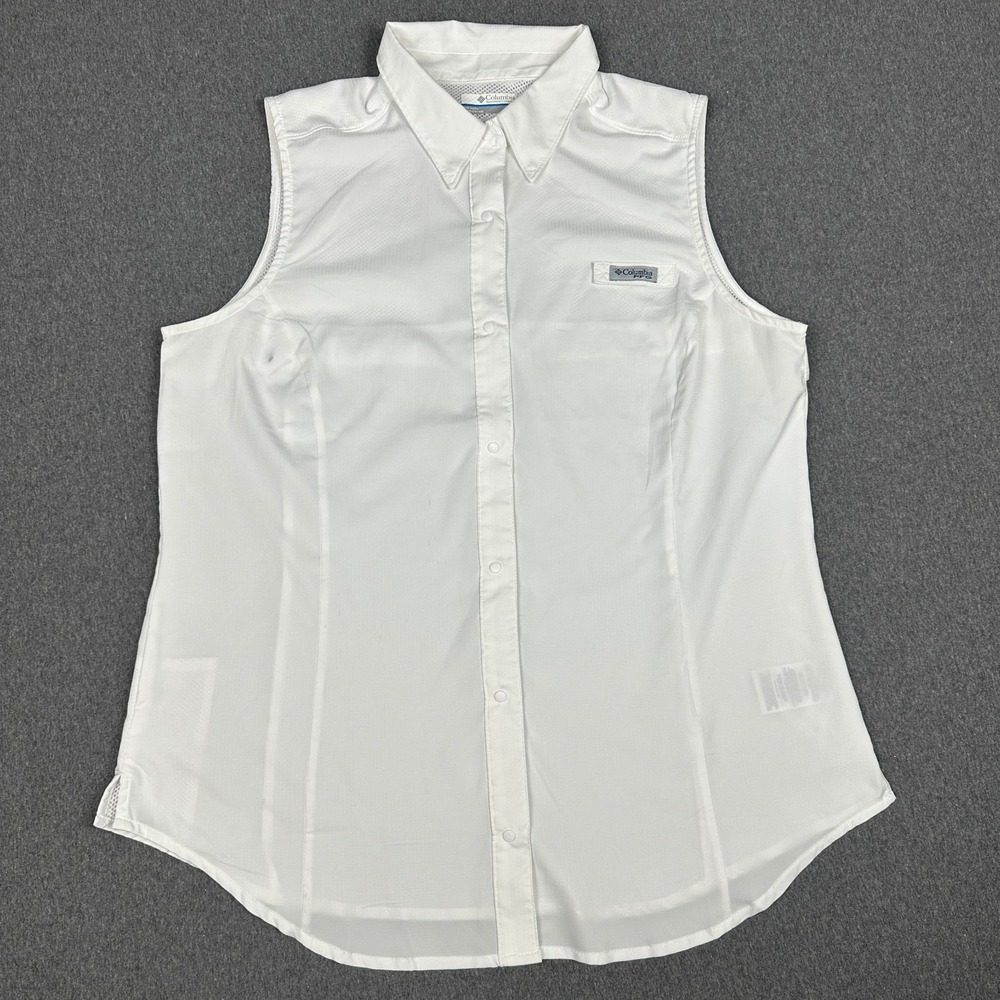 Columbia PFG Womens L White Sleeveless Button Up Fishing Shirt Vented Collared